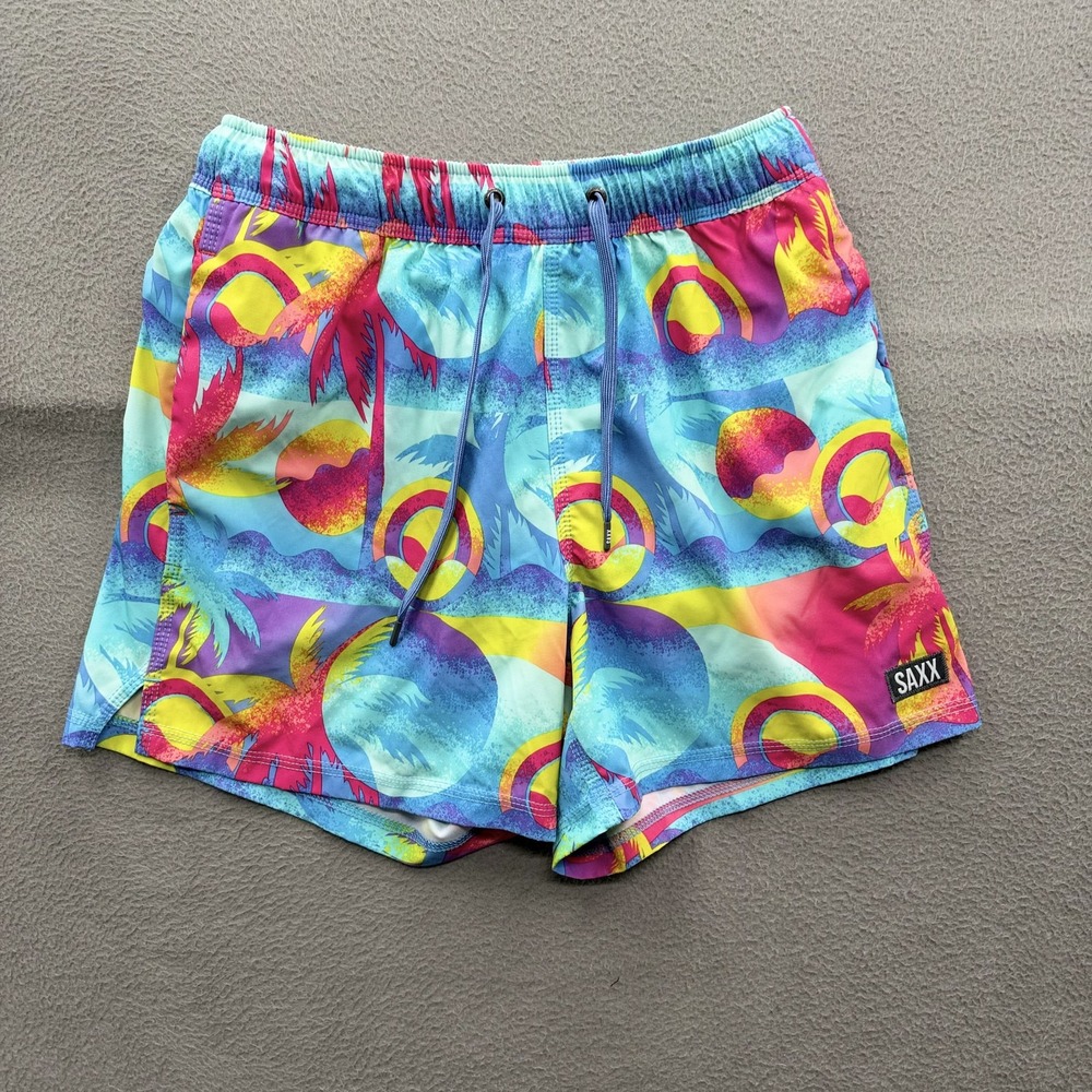 SAXX Swim Shorts Mens Small Multicolor Tropical Print Trunks Lined Stretch Beach